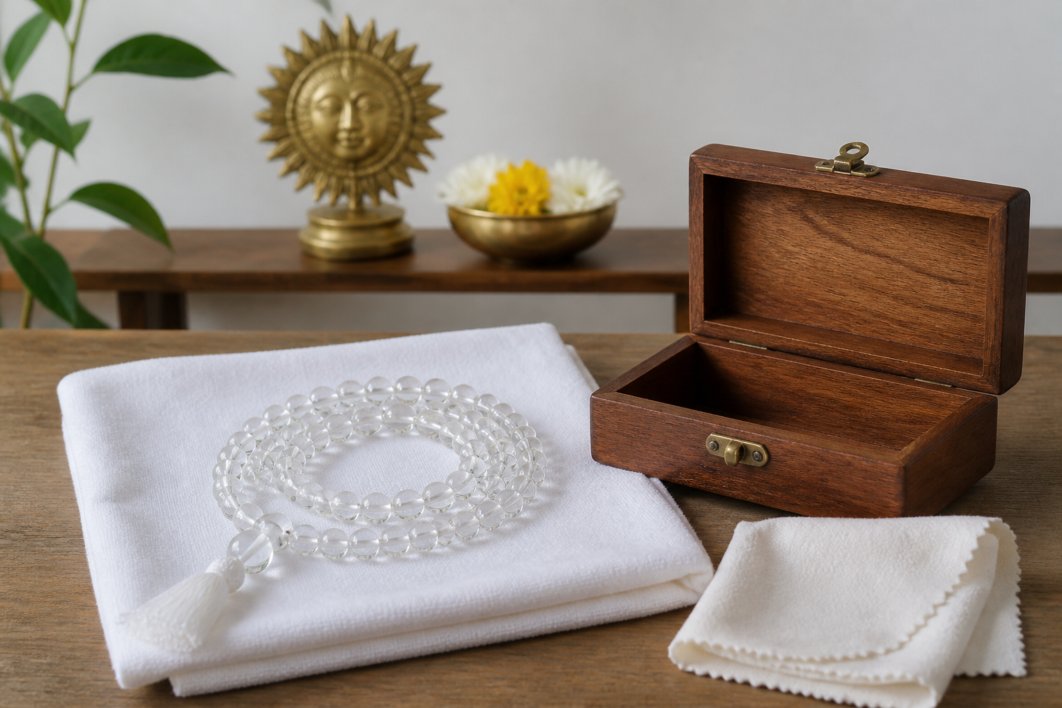 A sphatika mala lies on a clean cotton cloth beside a wooden storage box, with a simple altar in the background.