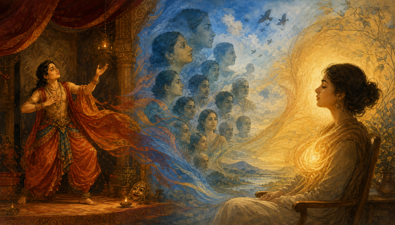 A continuous scene moves from an actor's specific gesture through softened universal human forms to a spectator absorbed in a golden contemplative glow.