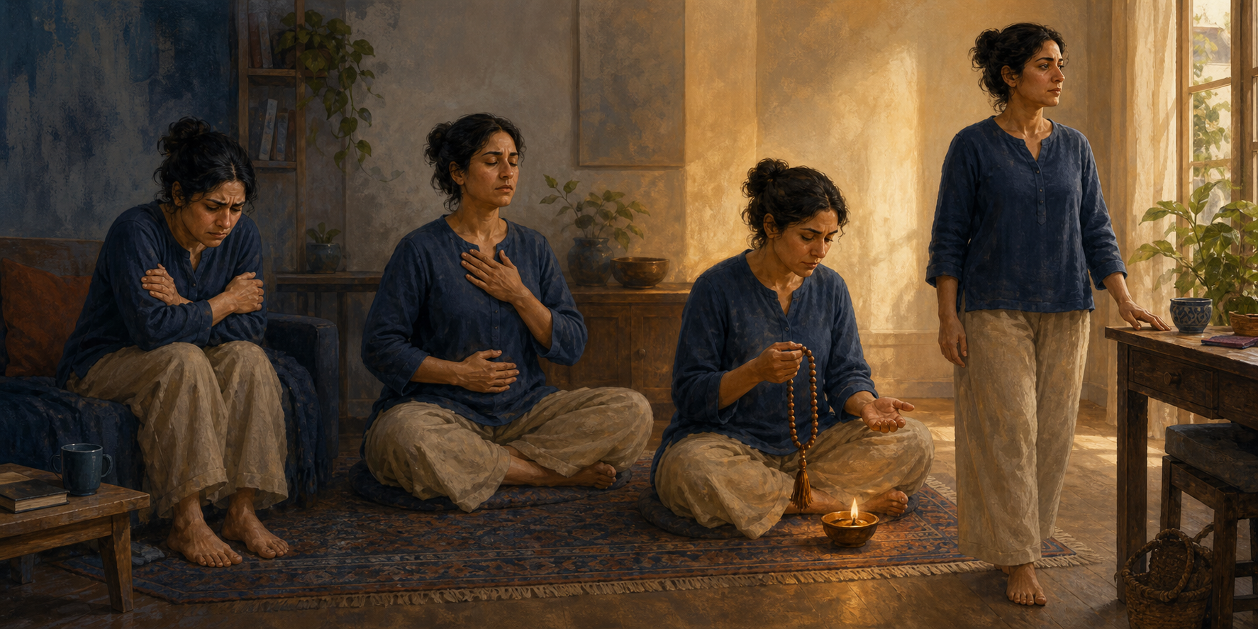 Four connected moments show one person pausing, breathing, holding prayer beads near a lamp, and standing with a steadier posture.