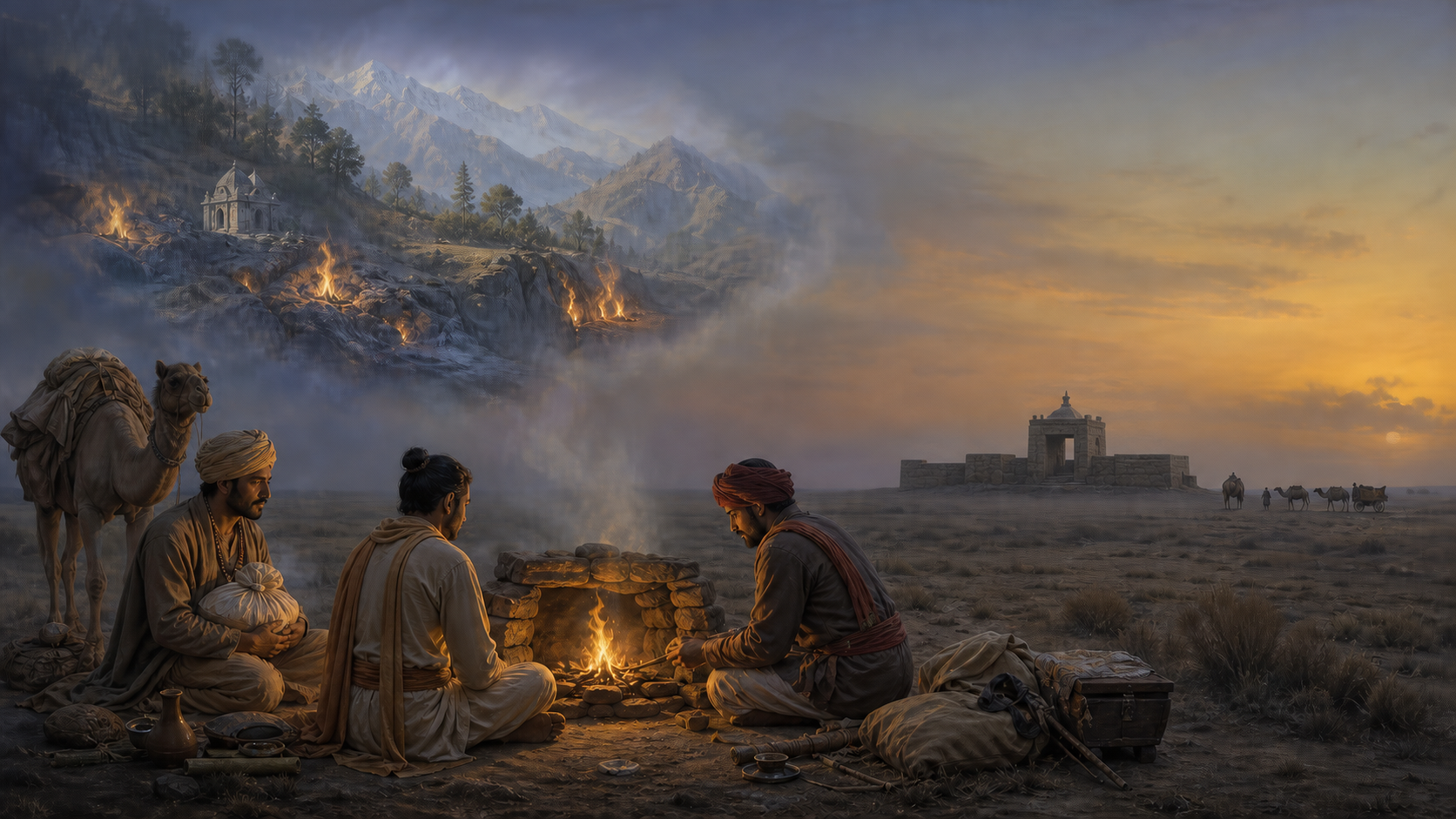 Indian travelers beside a small flame on the Caspian steppe, with Ateshgah in the distance and a dreamlike vision of the Kangra foothills above the horizon.