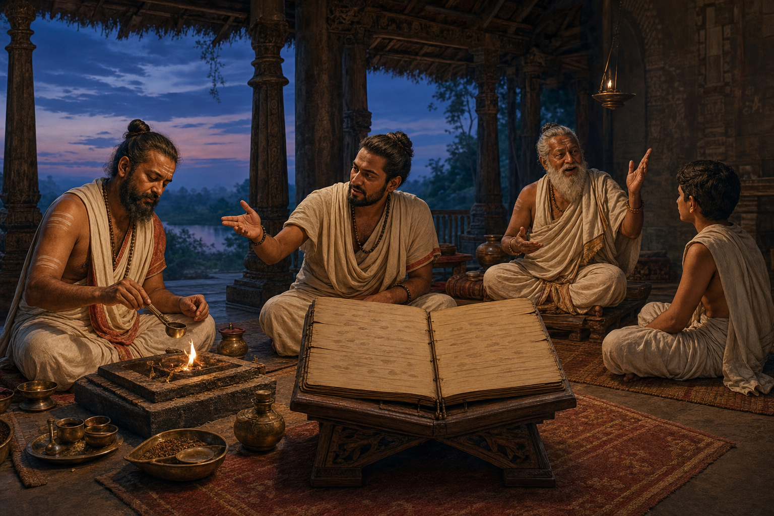 A ritual officiant tends a small fire while an instructor explains the action and an elder tells a story to a seated student beside an open manuscript.