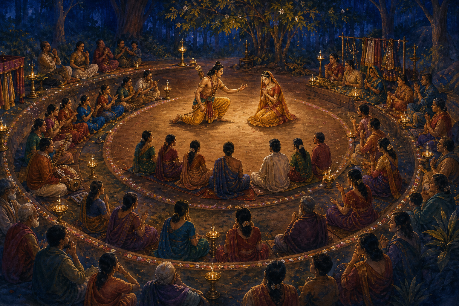 Spectators attend to different aspects of a forest-stage separation scene, with the composition progressing toward a central mood of quiet absorption.