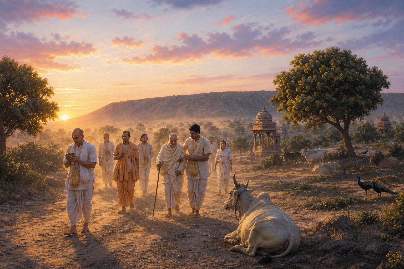 Gaudiya pilgrims walk together on a dusty path beside Govardhan Hill at sunrise, accompanied by cows and peacocks.