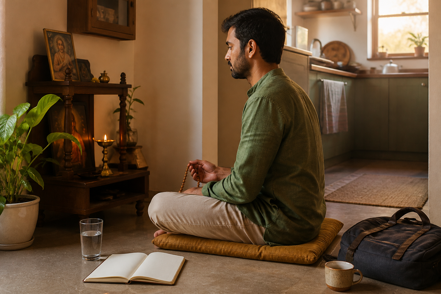 A person practices japa beside a small lamp and blank journal in a lived-in home during the early morning.