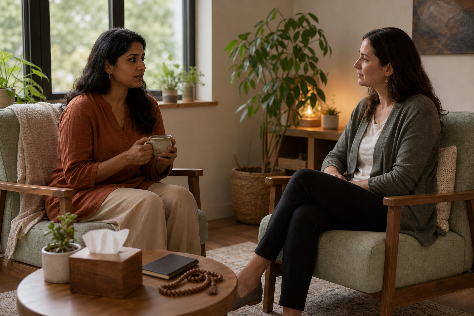 A client speaks with a therapist in a calm counseling room while prayer beads rest beside a closed notebook.