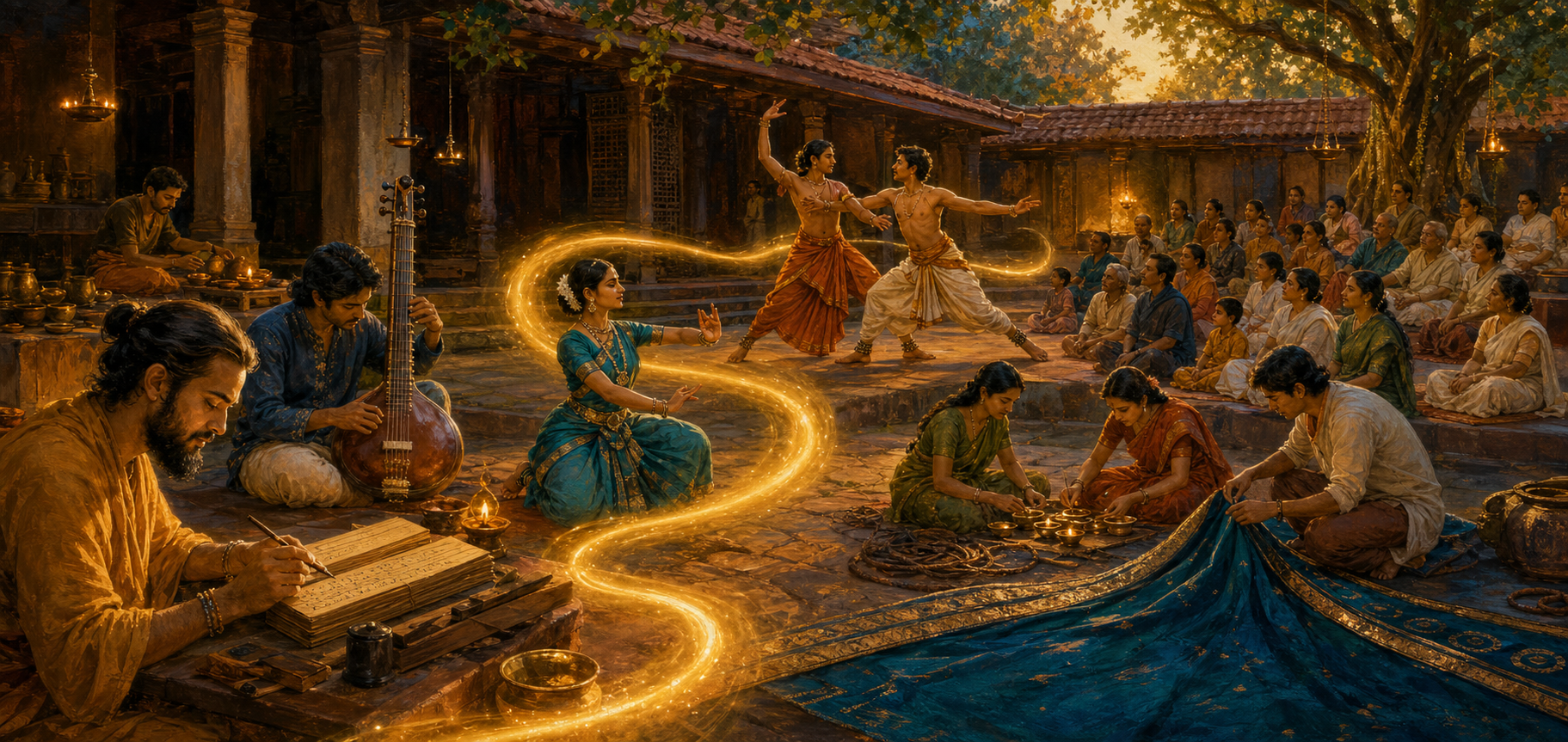 Poets, performers, musicians, dancers, and craftspeople prepare a cultural performance for an attentive intergenerational audience in a shared courtyard.