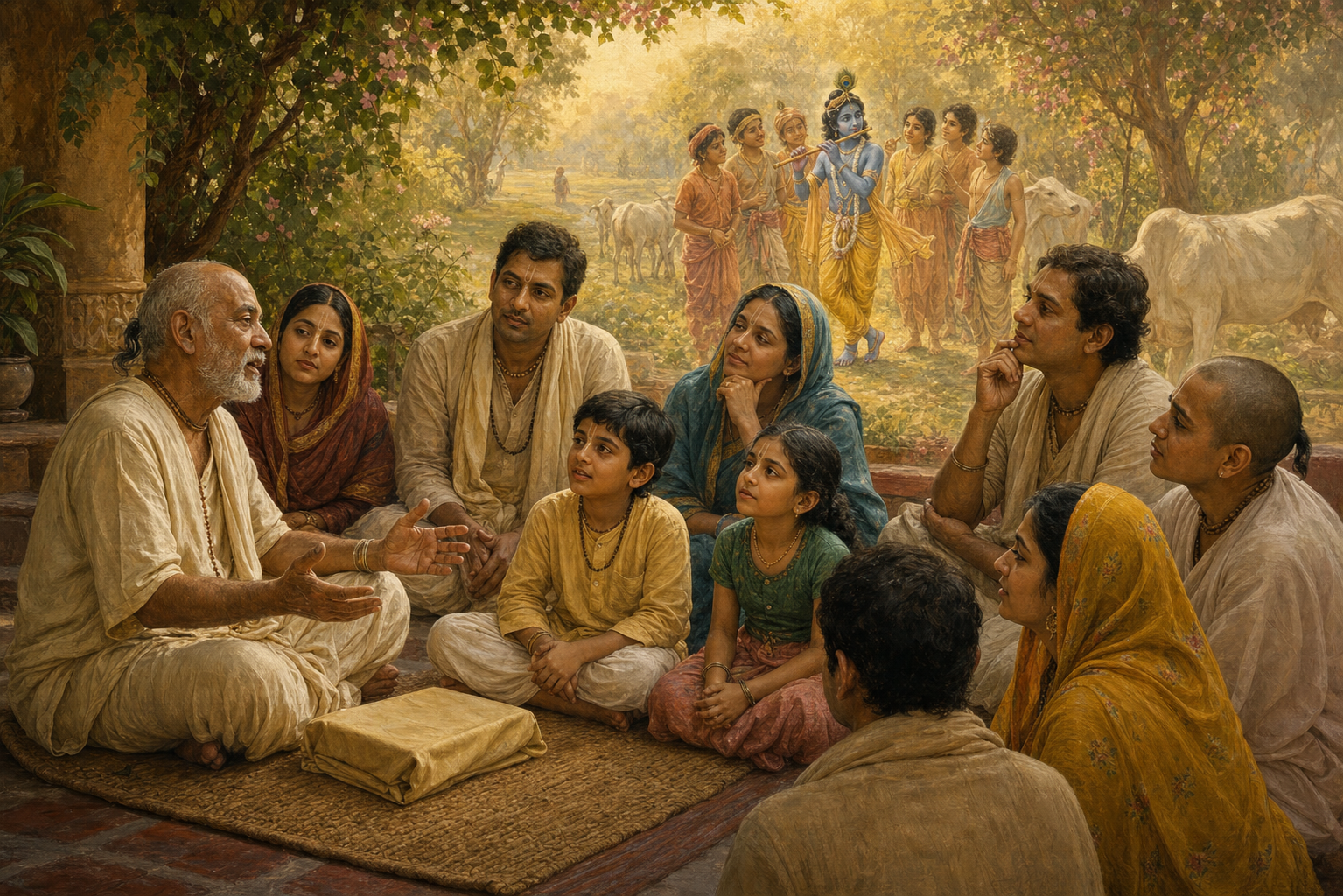 Devotees listen to an elderly narrator in a courtyard as a softly luminous pastoral vision of Krishna, cowherd companions, and cows appears behind them.