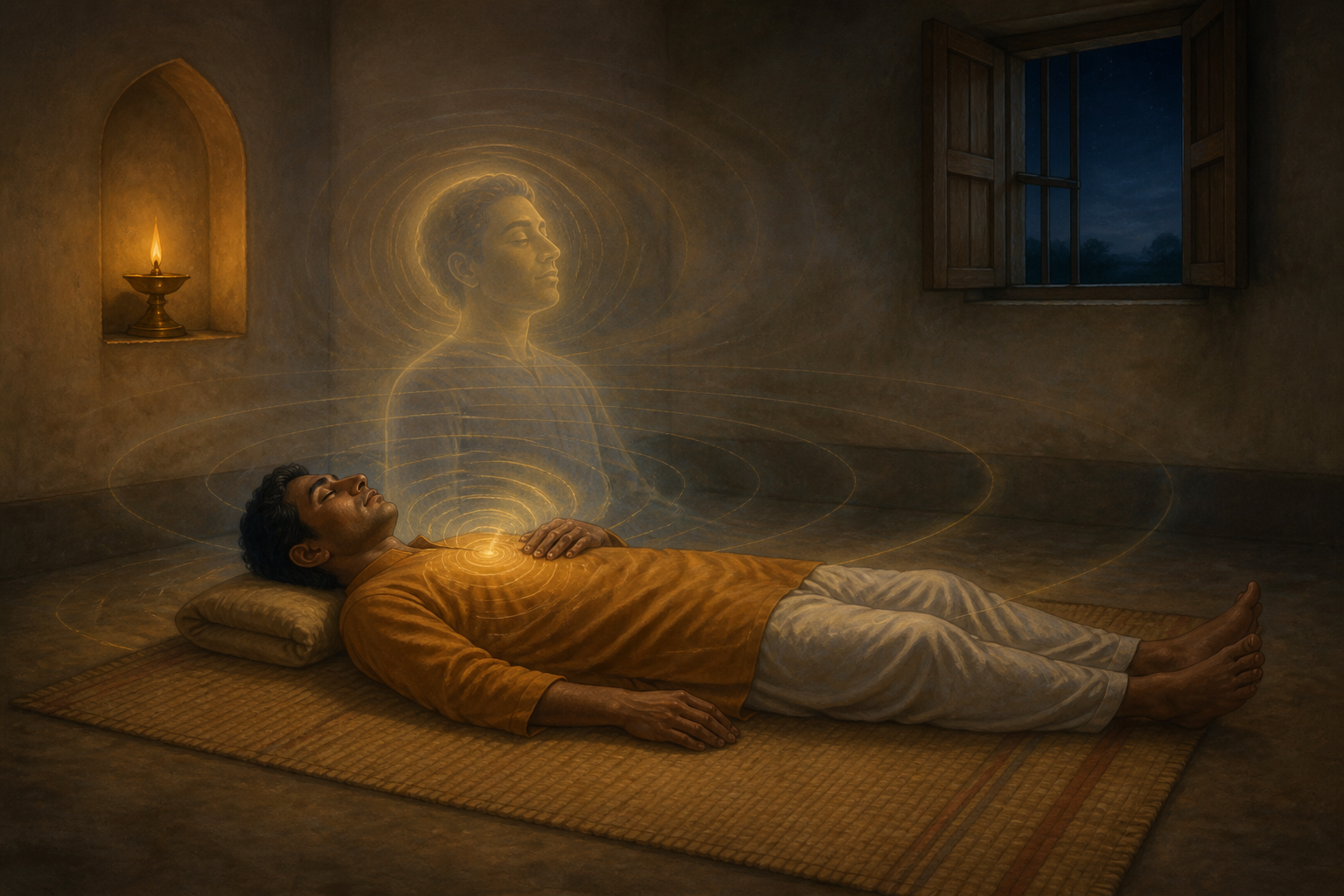 A resting South Asian adult viewed from above with a translucent field of light hovering close to the body in a quiet twilight room.