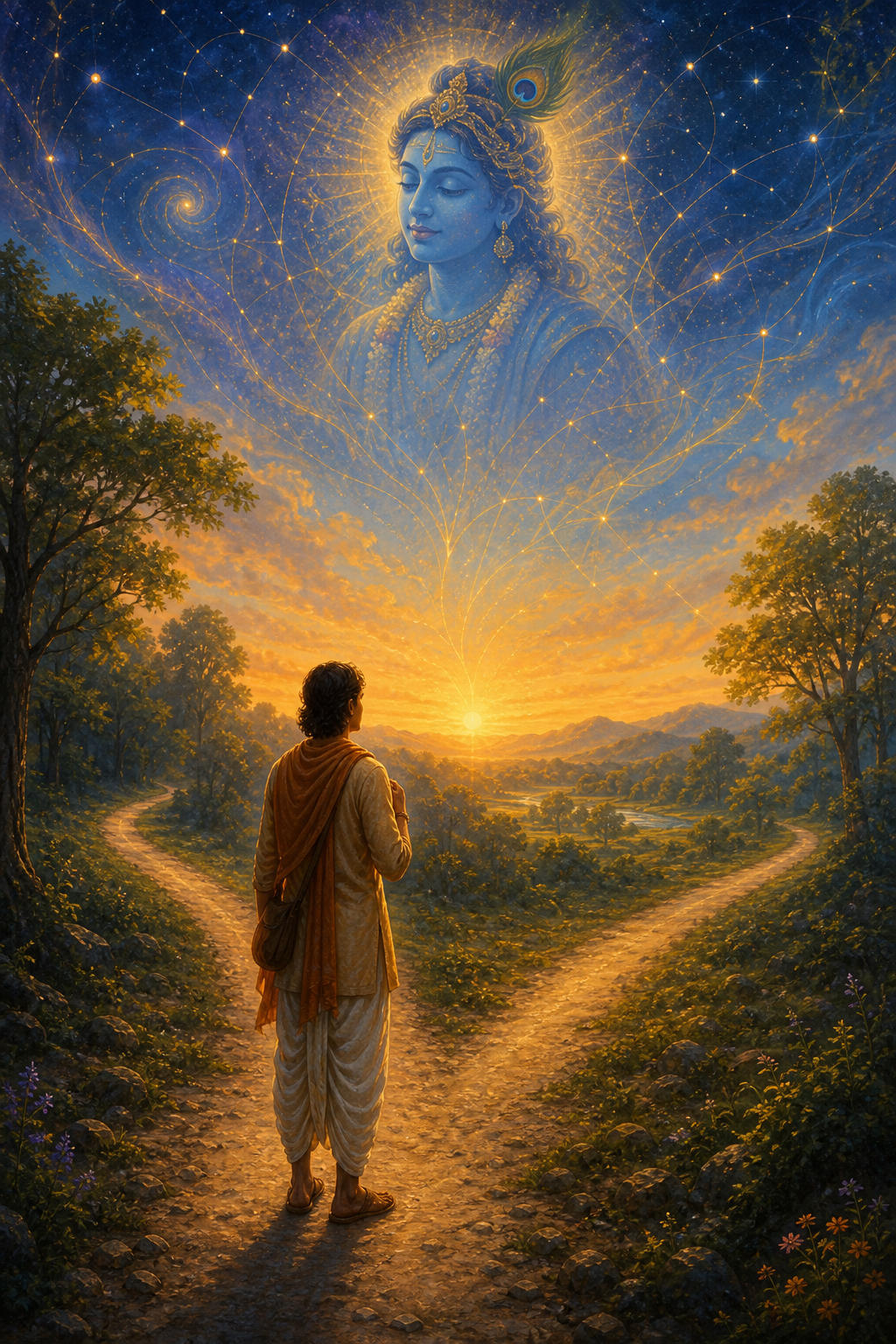 A person pauses at a fork in a forest path beneath a luminous vision of Krishna in a star-filled dawn sky.