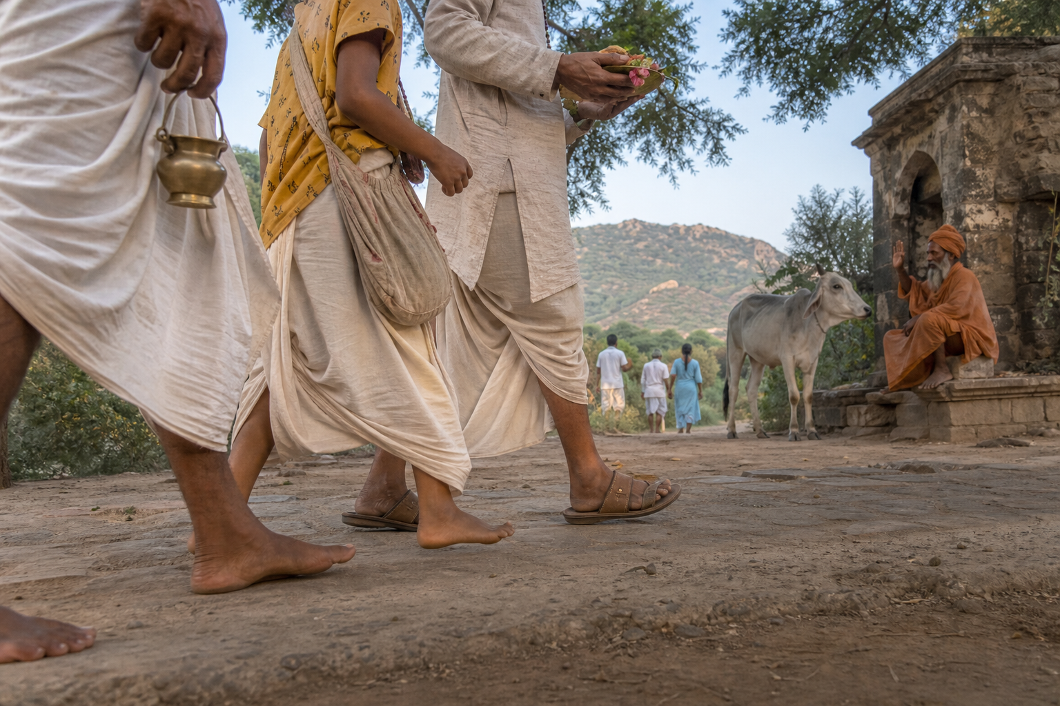 Pilgrims of different ages walk the Govardhan parikrama path carrying simple devotional items while a low hill and stone shrine appear beyond them.
