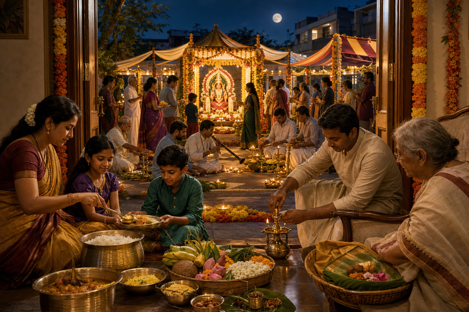 A neighborhood gathers around a flower-decorated goddess shrine while a nearby family prepares food, lamps and offerings inside their home at dusk.
