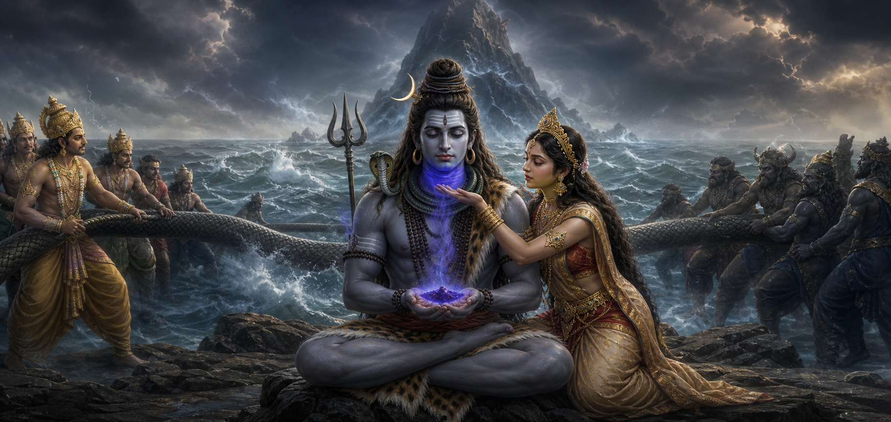 Shiva receives luminous poison from the churning cosmic ocean while Parvati reaches toward his throat and devas and asuras watch from the shore.