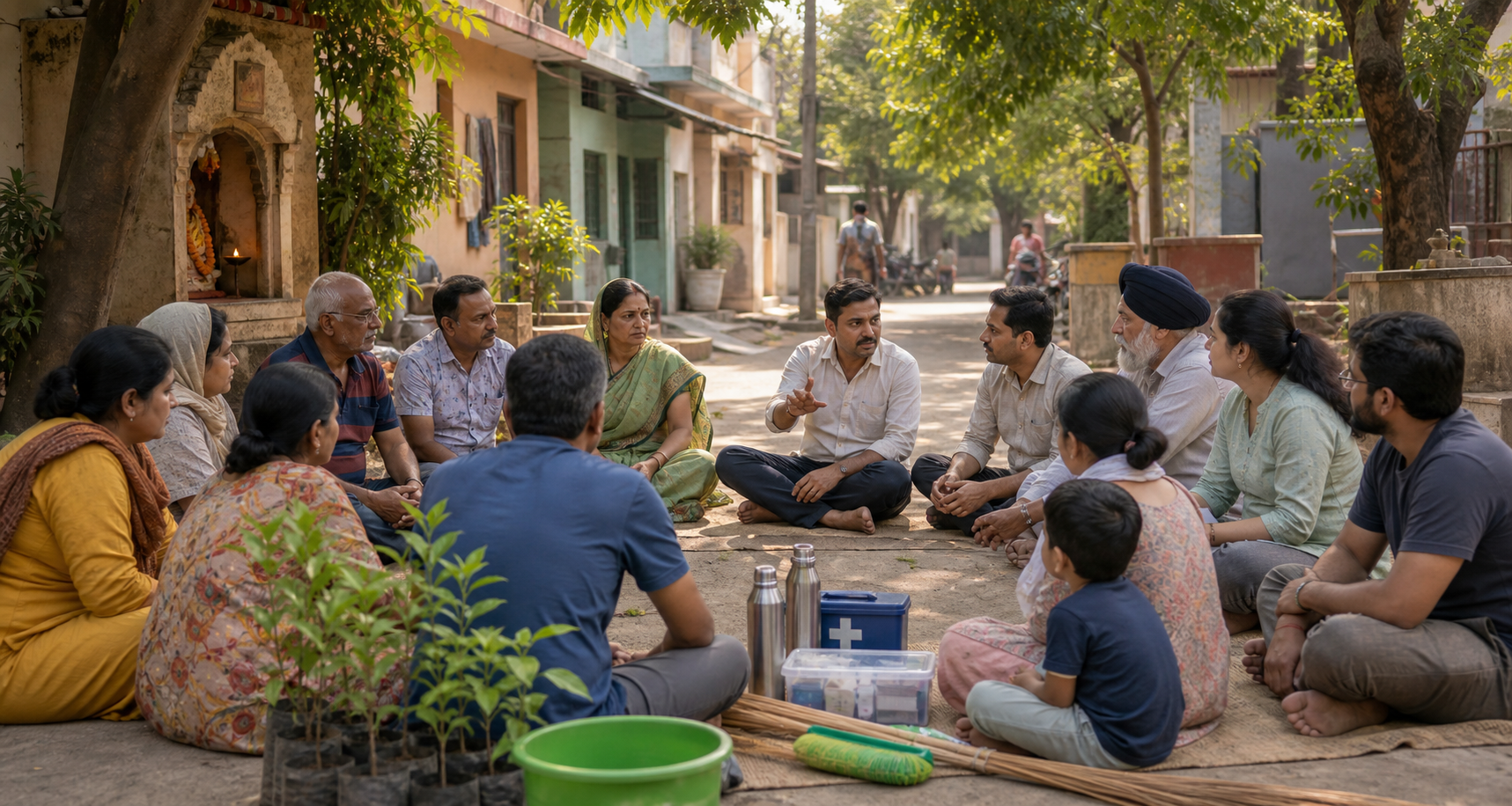 Residents and unbranded civic volunteers sit in a circle in an Indian neighbourhood courtyard with saplings, first-aid supplies, and cleaning tools nearby.