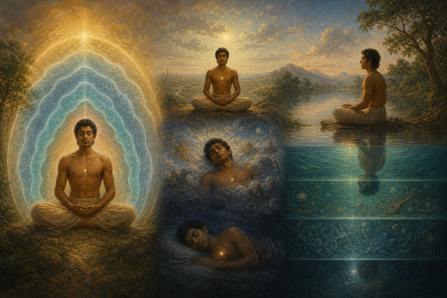 Three connected scenes show a meditator within layered fields, changing states of waking and sleep, and reflections suggesting levels of awareness.