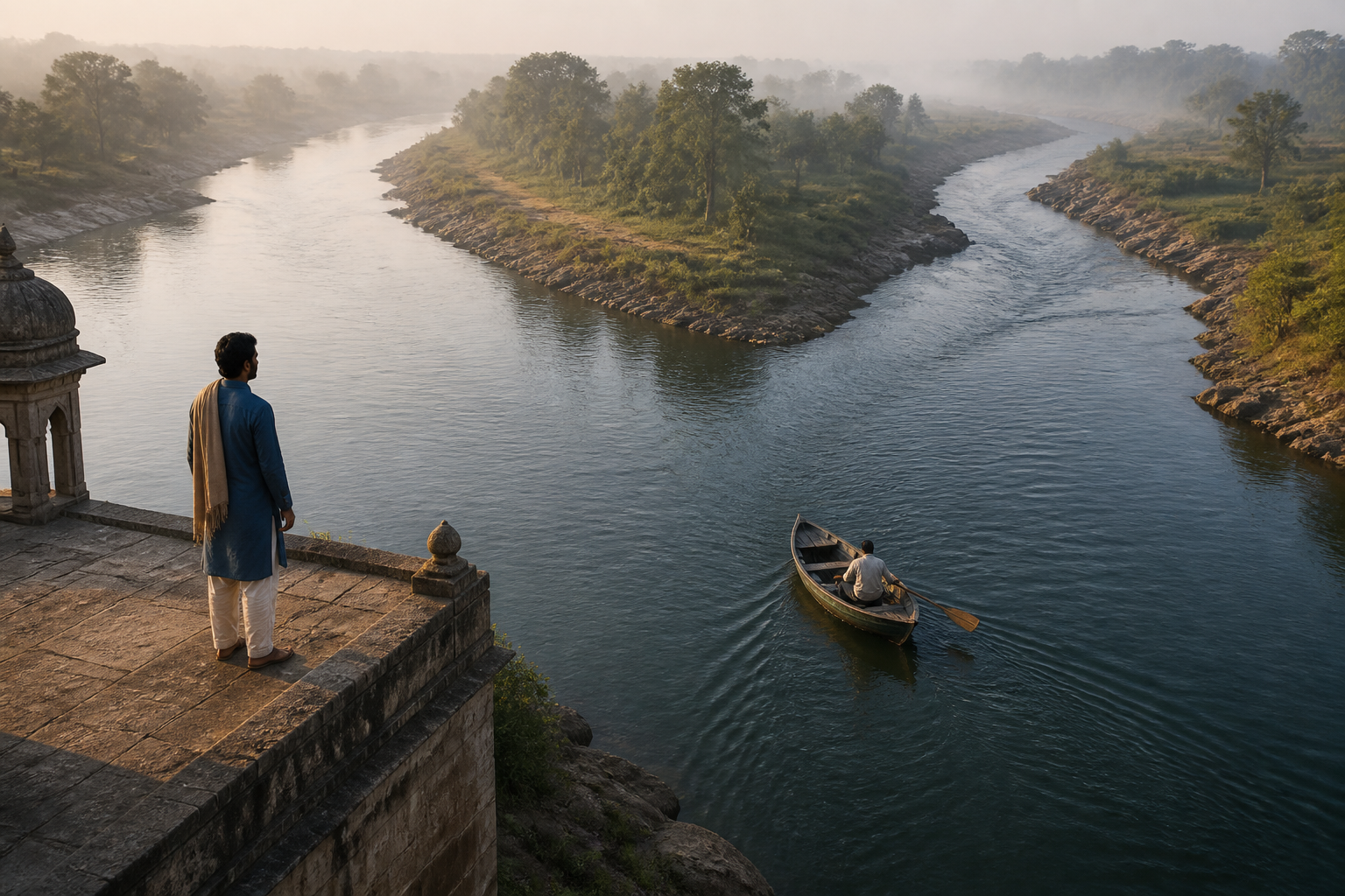 An observer on a stone terrace watches a rower guide a small boat toward one of two branching river channels.