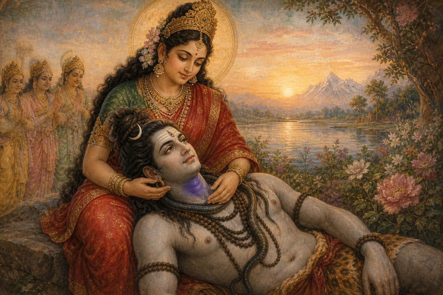 Parvati supports the reclining Shiva in her lap and holds a protective hand near the blue mark on his throat as the surrounding scene becomes calm.