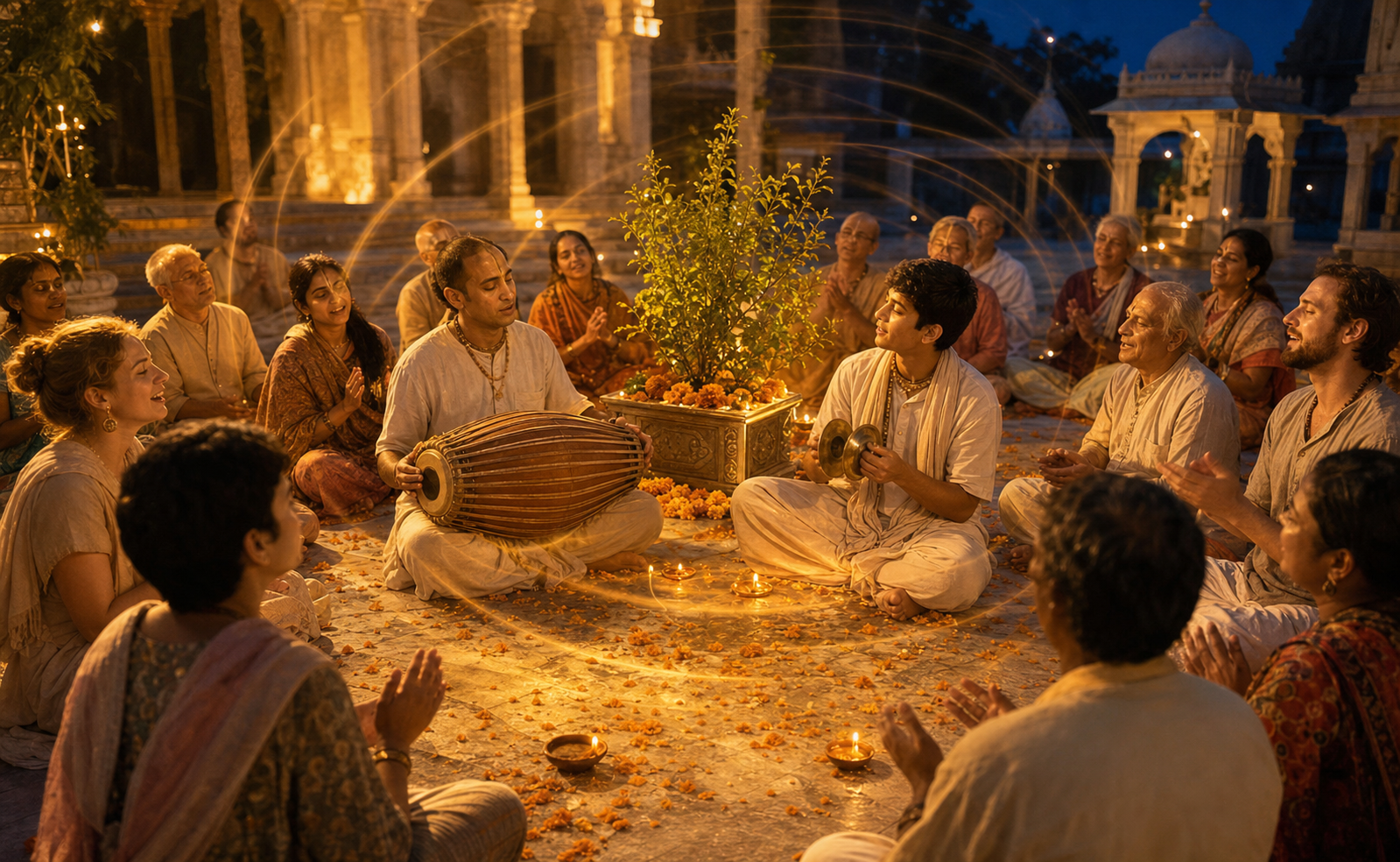 Devotees sing and play mridanga and hand cymbals in a lamp-lit courtyard around a central tulsi plant.