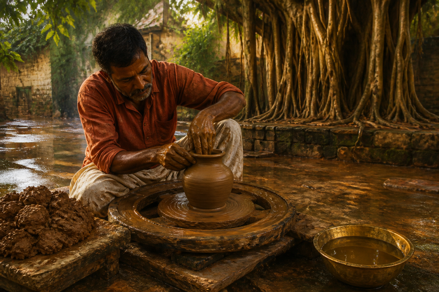An artisan shapes wet clay on a pottery wheel in a rain-damp courtyard as sunlight breaks through the clouds.