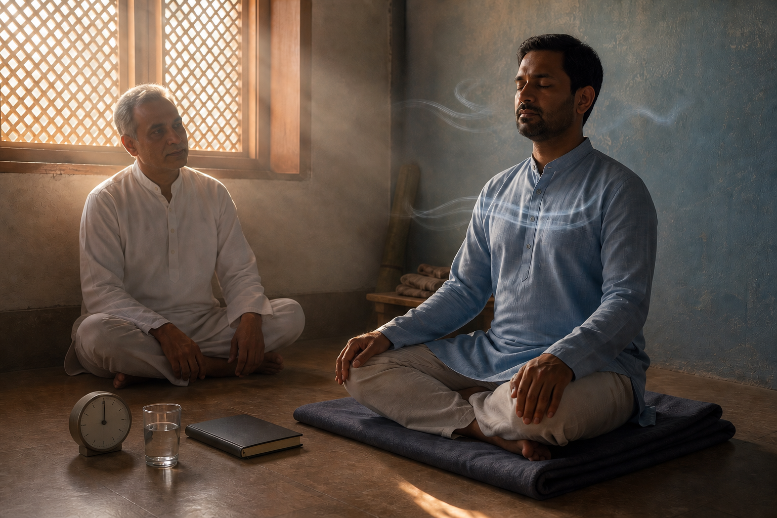 A South Asian meditation practitioner sits at dawn with a quiet guide nearby and simple observation tools on the floor.