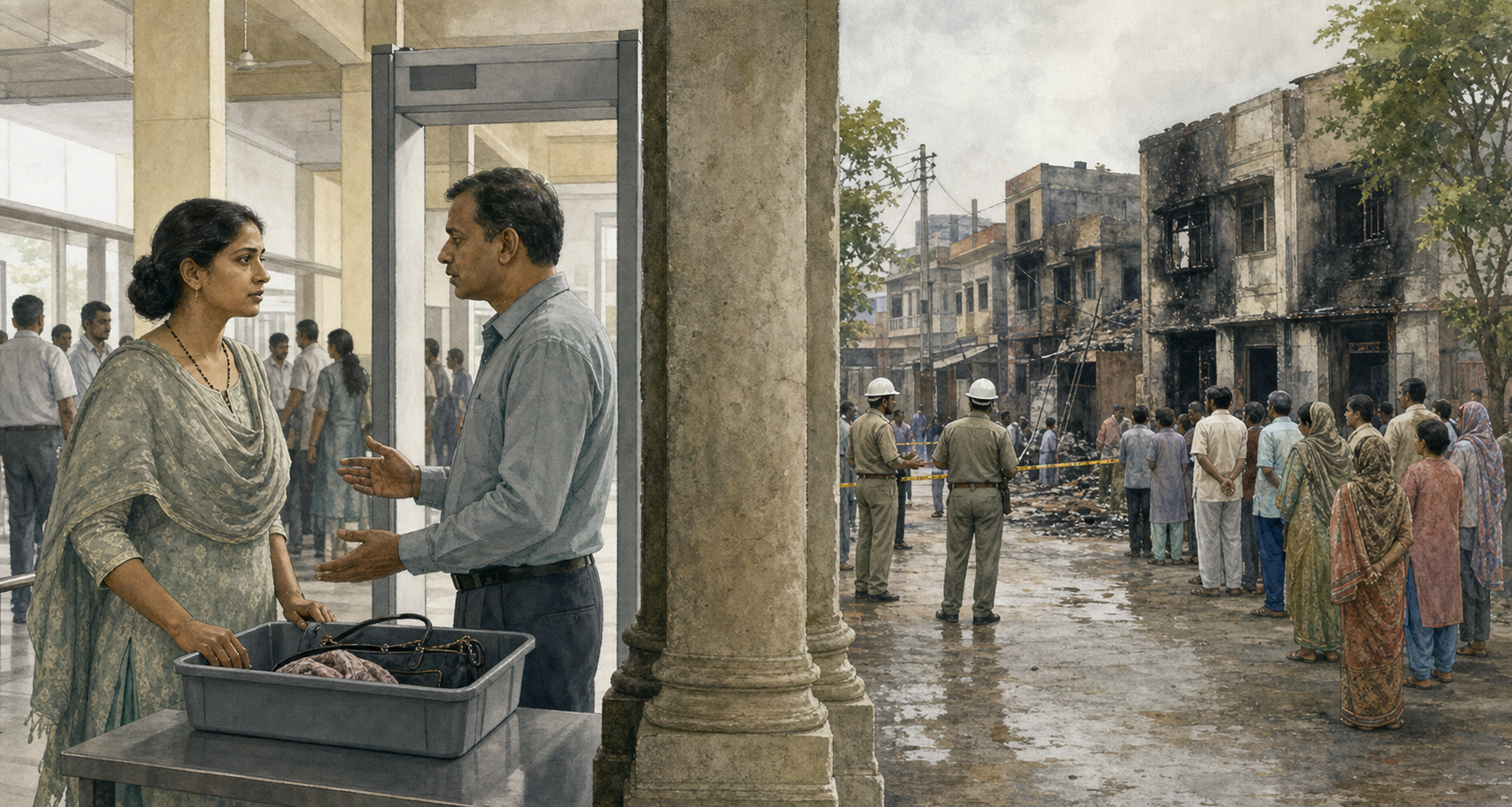 A divided scene contrasts a woman questioned about her mangalsutra at an examination checkpoint with residents and emergency workers in a fire-damaged neighborhood.
