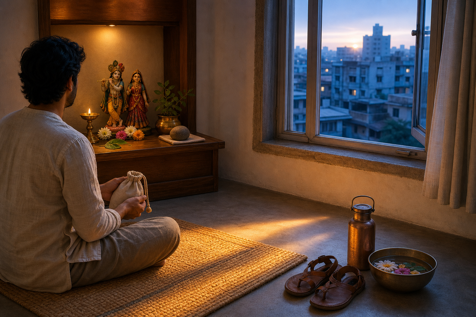 A devotee practices with prayer beads before a small home altar at dawn while a city neighborhood is visible through the window.