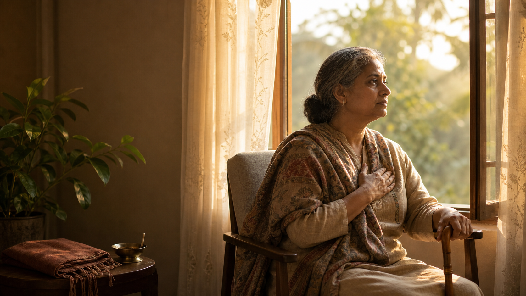 An adult sits thoughtfully beside a sunlit window with a wooden walking cane, folded shawl, brass lamp, and houseplant nearby.