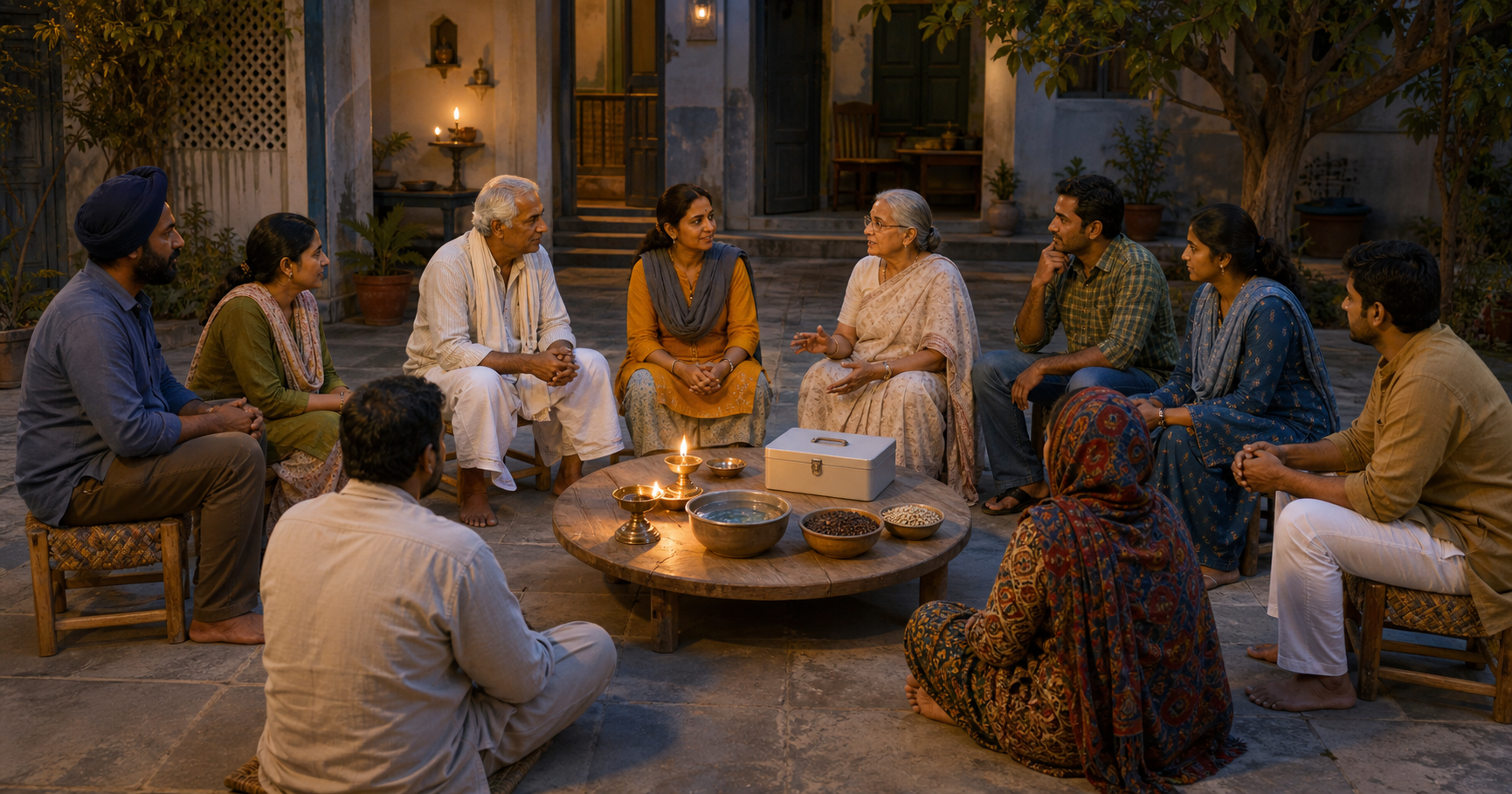 People in varied traditional and everyday clothing sit in a courtyard circle around a shared table with lamps, water, seeds, and a first-aid box.