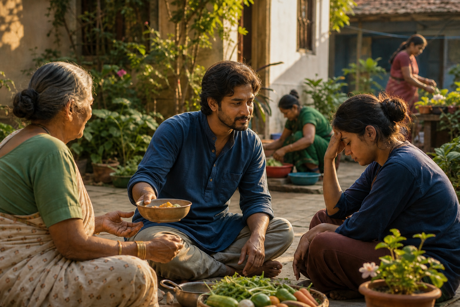 A South Asian adult serves food and listens attentively to another person in a sunlit community courtyard.
