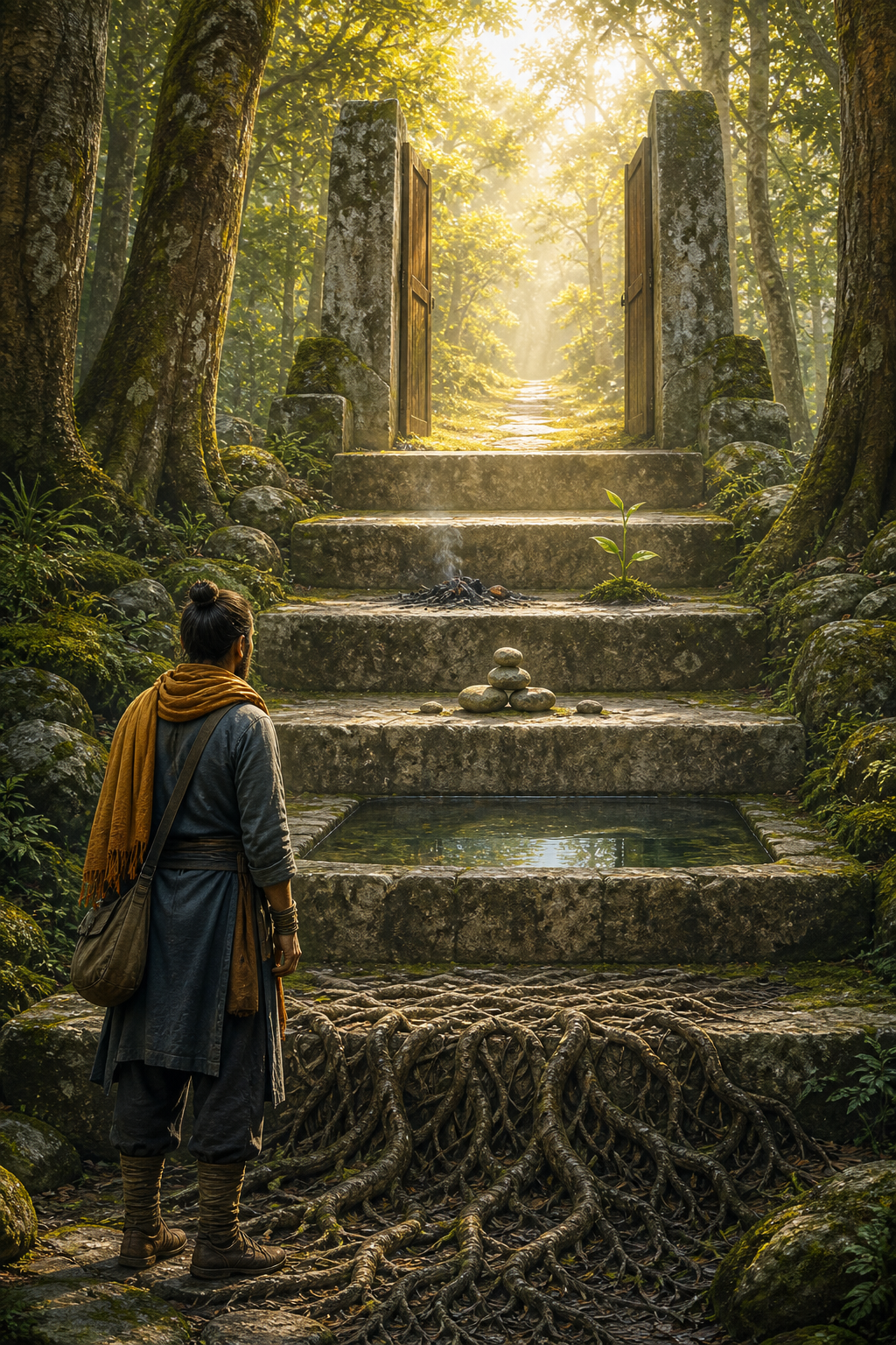 A traveler considers six stone steps leading through a green grove toward a sunlit path.