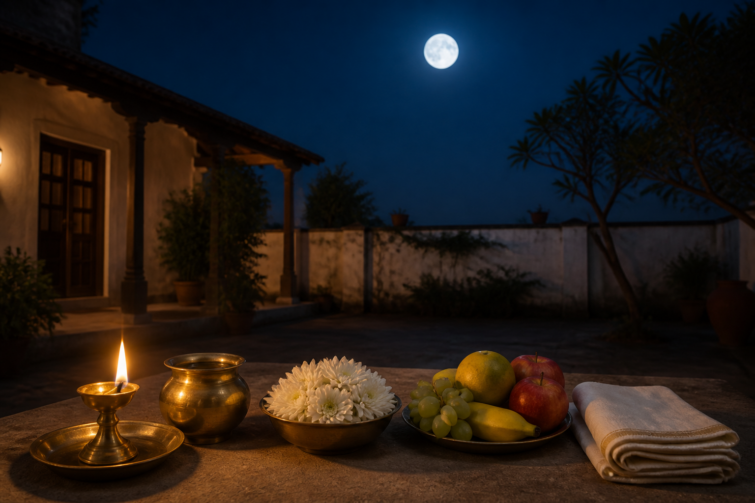 A full moon rises above a quiet courtyard with a lit brass oil lamp, water vessel, white flowers, fruit, and a folded prayer cloth.
