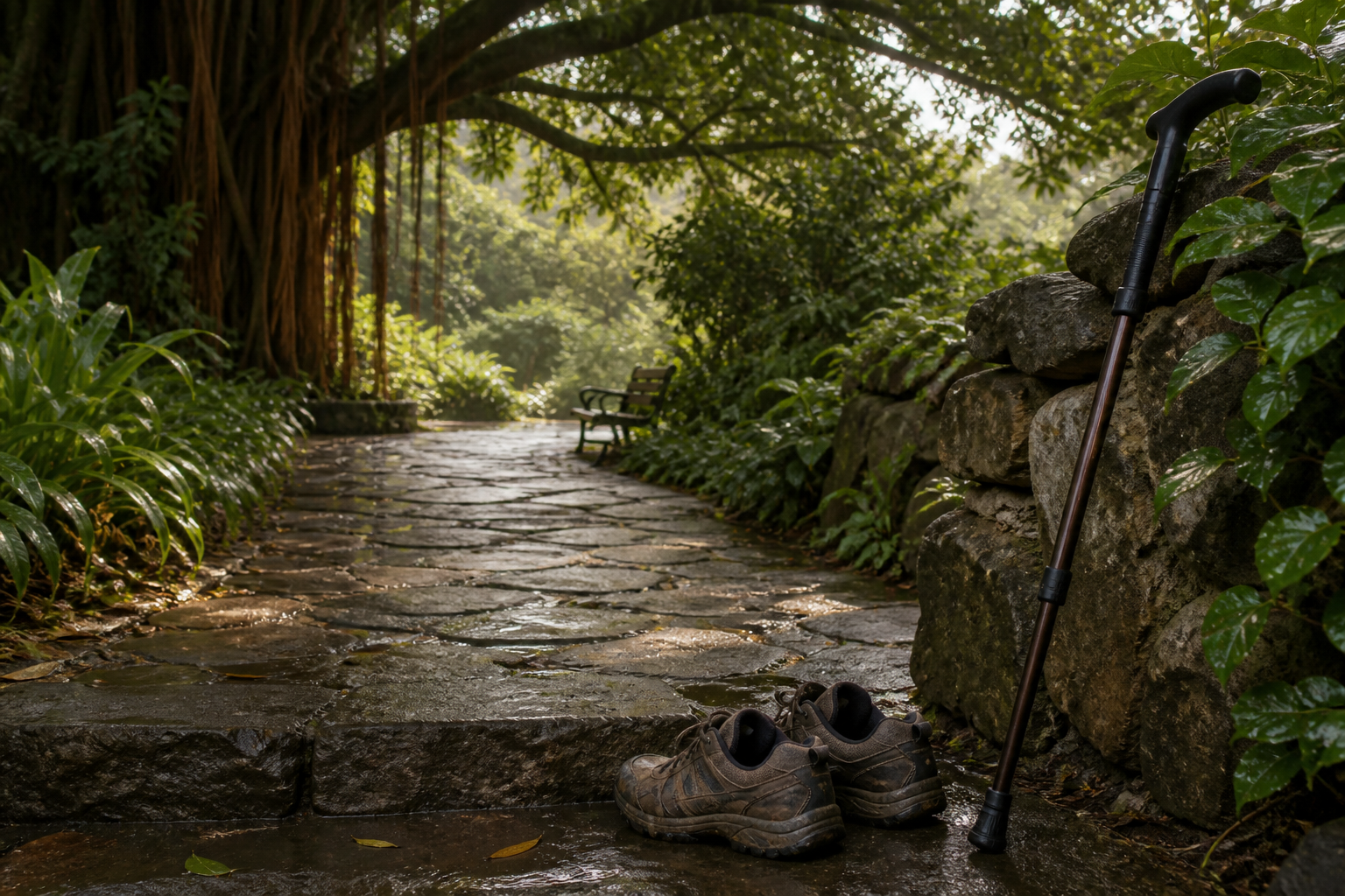 Walking shoes and a mobility cane rest beside a garden path that continues toward a bench beneath a large tree.