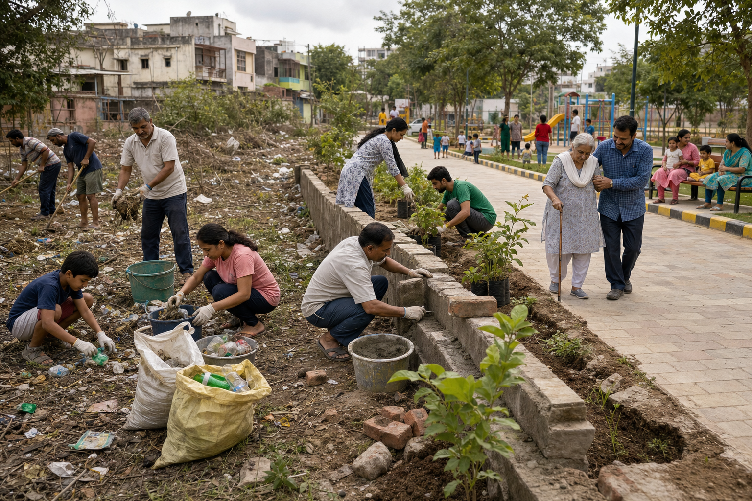 Residents clean, repair, and plant saplings in a neighbourhood public space while families use a newly cleared walking path.