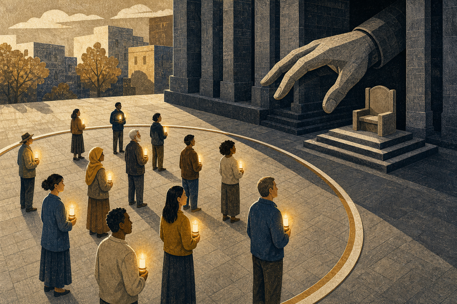 Citizens carrying small lamps stand inside a circular civic boundary as a large institutional hand reaches toward an elevated seat outside it.
