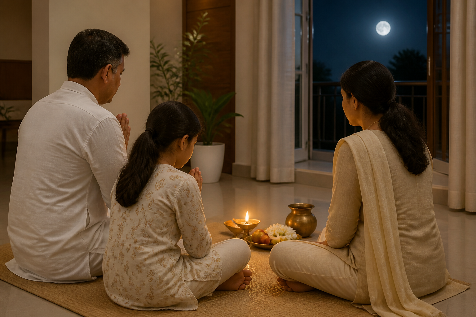 Three family members sit quietly on a floor mat before a simple arrangement of a brass lamp, water vessel, white flowers, and fruit.