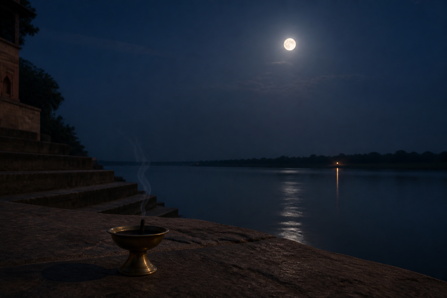 A bright moon hangs over a quiet nighttime terrace where an extinguished brass lamp gives off a faint thread of smoke.
