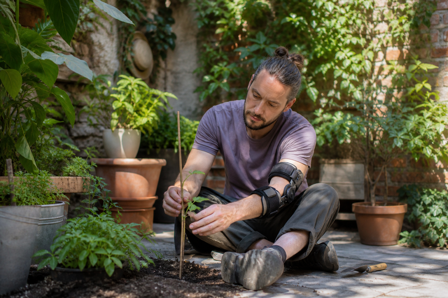 An adult wearing a forearm support gently secures a young seedling to a stake in a sunlit courtyard garden.