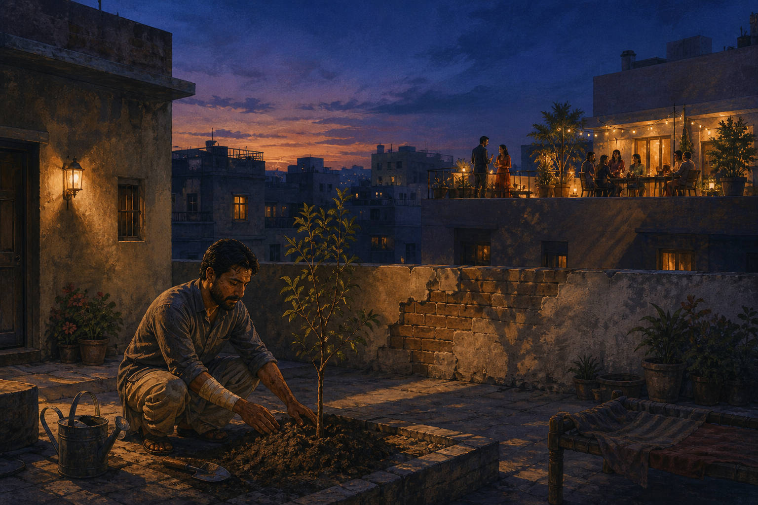 A person tends a young tree beside a repaired courtyard wall while a wealthy gathering takes place on a brightly lit rooftop in the distance.