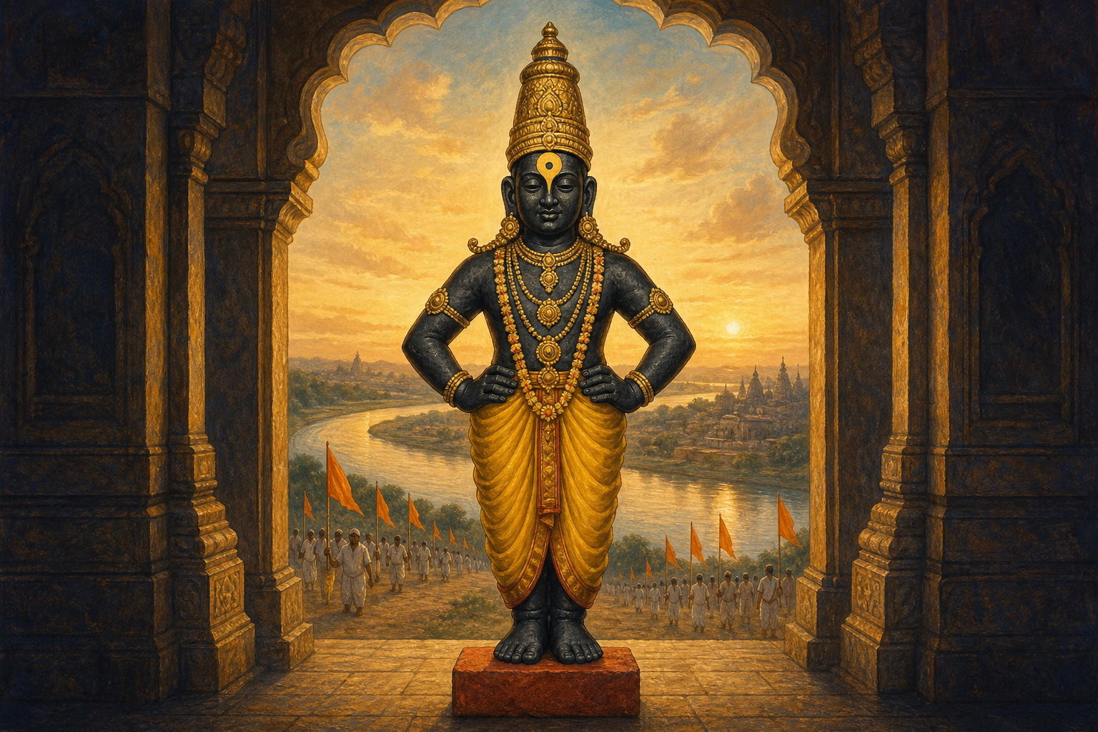 Vithoba stands with hands on his hips and feet on a brick as pilgrims approach Pandharpur beside the Chandrabhaga River at dawn.
