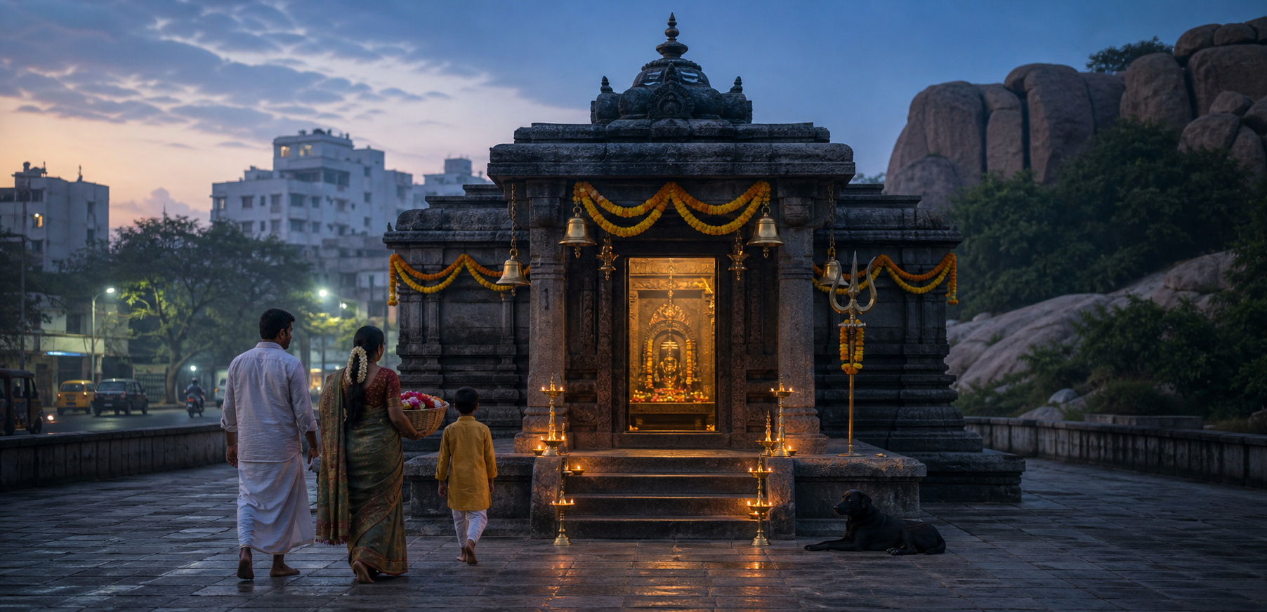 A family approaches a small dark-stone Kalabhairava shrine at dawn while oil lamps glow and a black dog rests beside the steps.