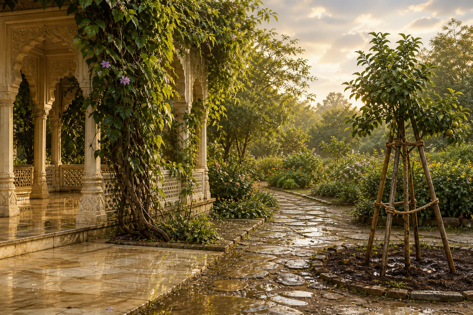Golden sunlight falls on an ornate garden pavilion, an overgrown vine, and a carefully supported young fruit tree after rain.
