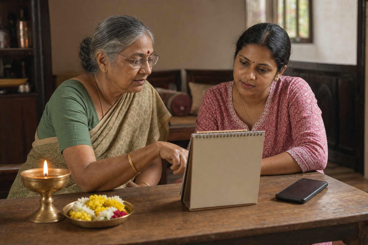 An elder and a younger adult consult an unreadable open calendar beside a blank-screen phone, a brass lamp, and flowers.