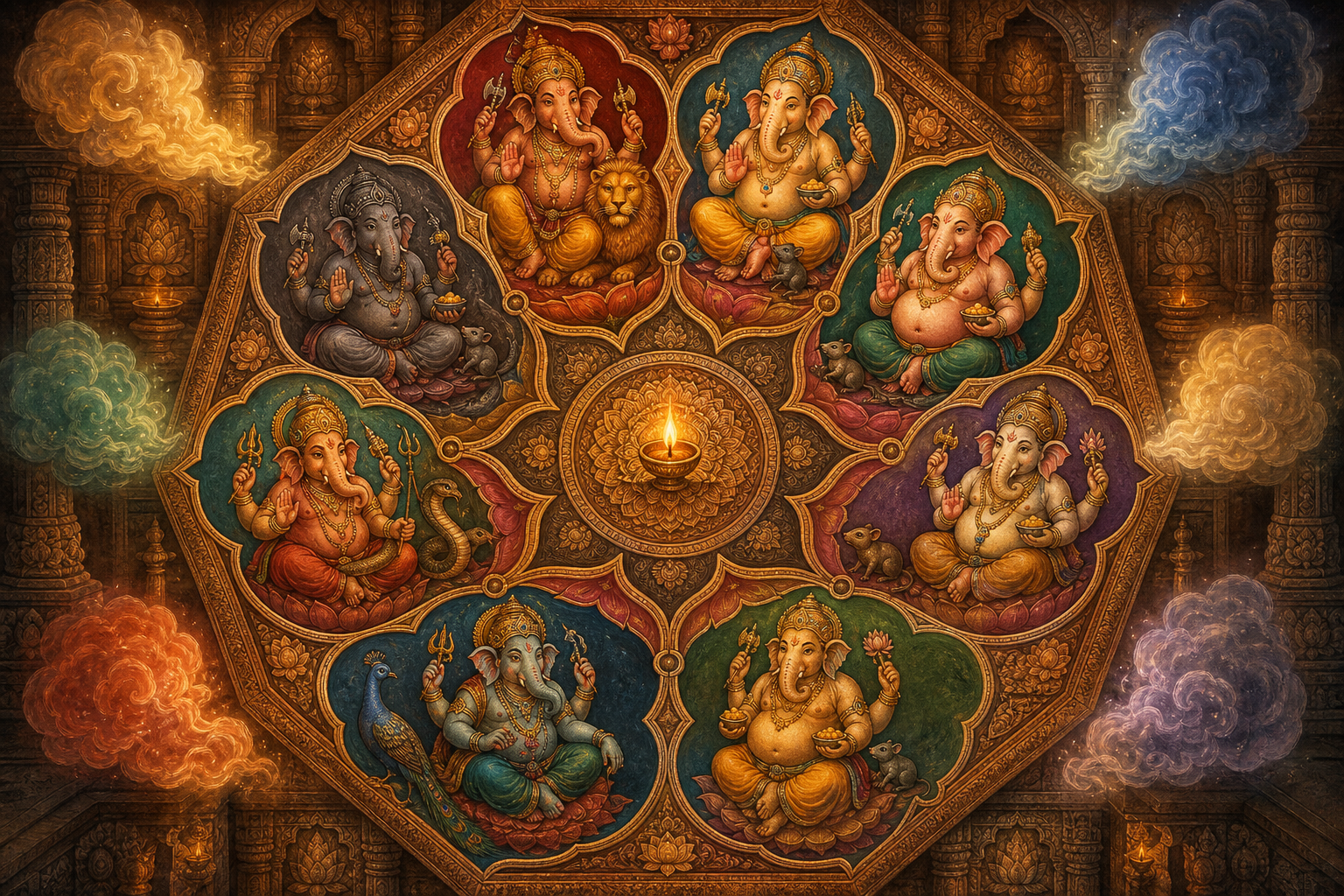 Eight elephant-headed forms of Ganesha sit in lotus niches around a glowing central flame, accompanied by lions, mice, a peacock, and a serpent in a temple setting.