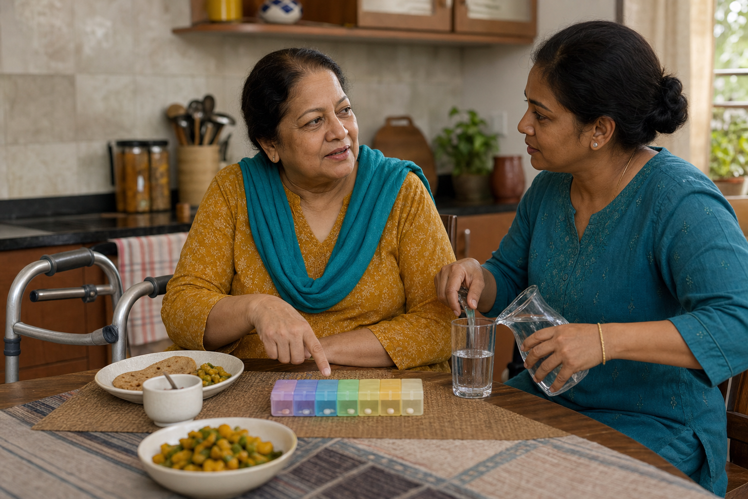 An adult points to a pill organizer while a family member listens and pours a glass of water at a kitchen table.