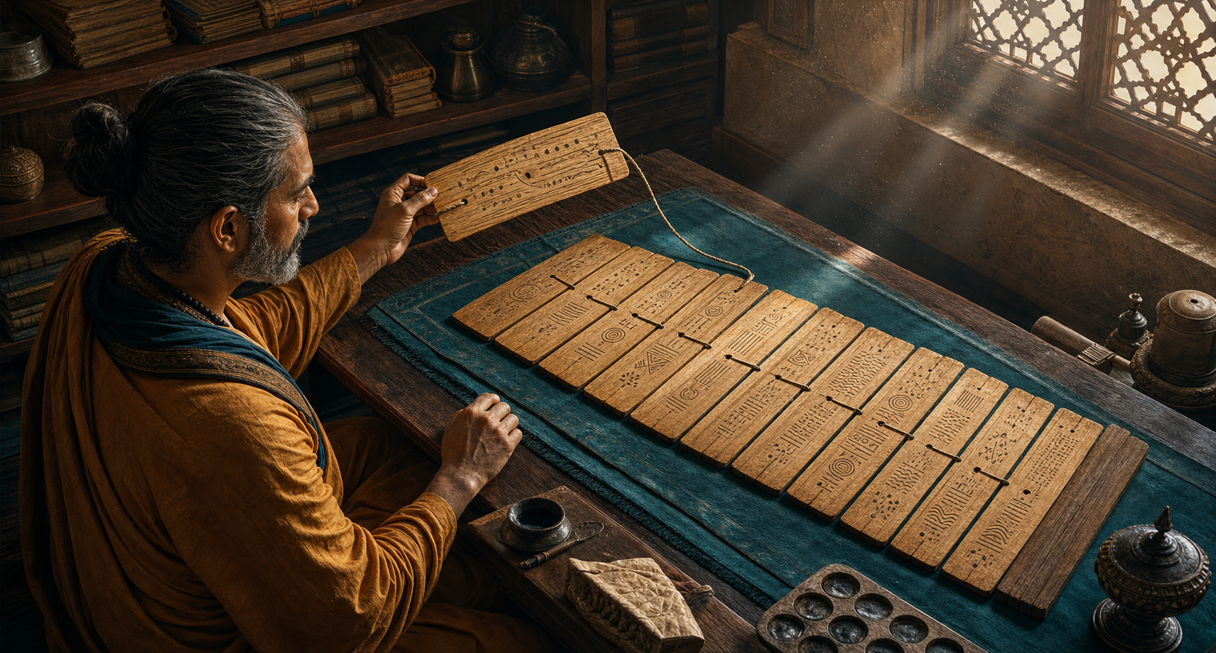 A scholar studies an ordered sequence of palm-leaf folios while holding one leaf that remains attached to the complete manuscript bundle.