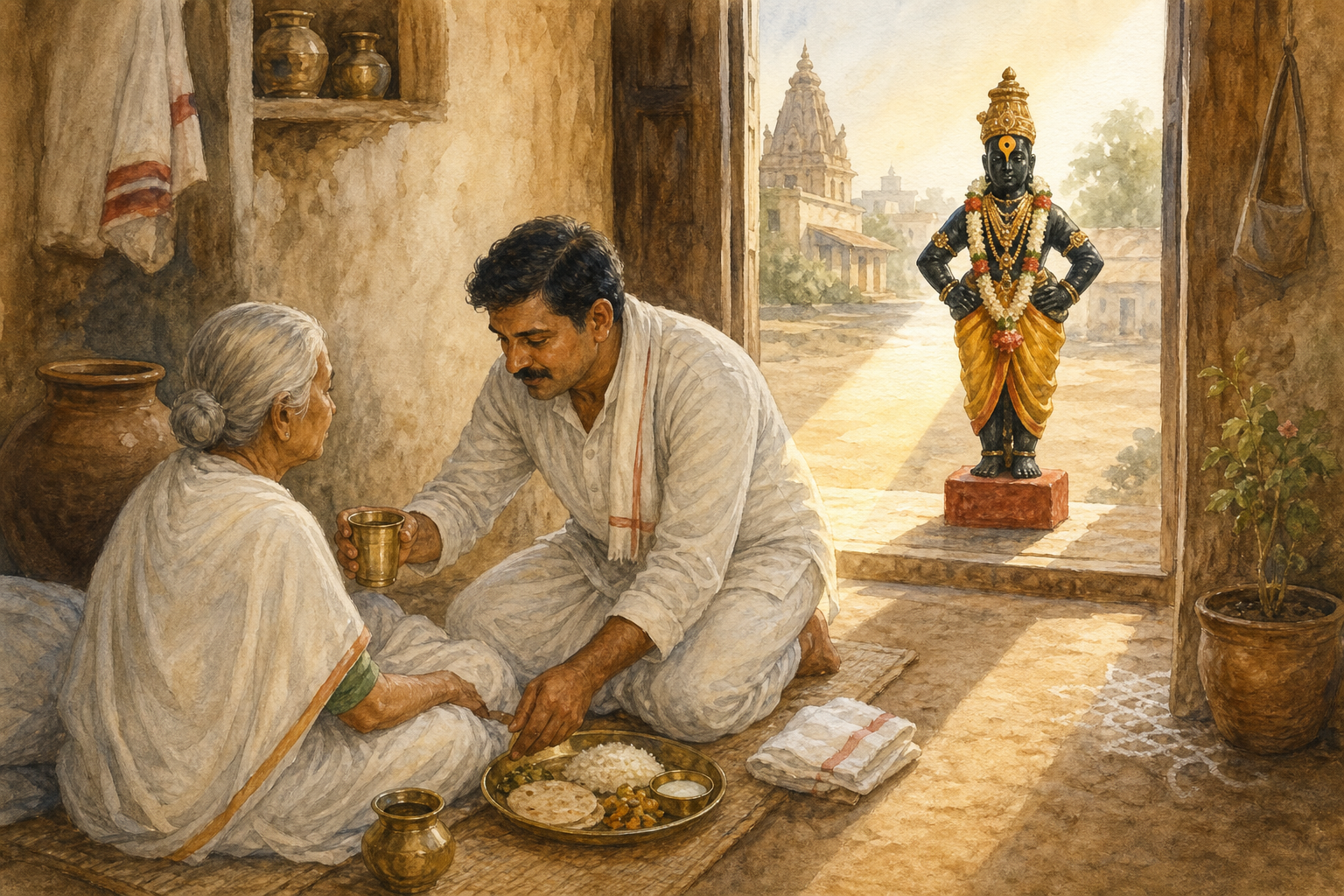 A devotee cares for an elderly parent while Vithoba waits with hands on his hips upon a brick at the doorway.