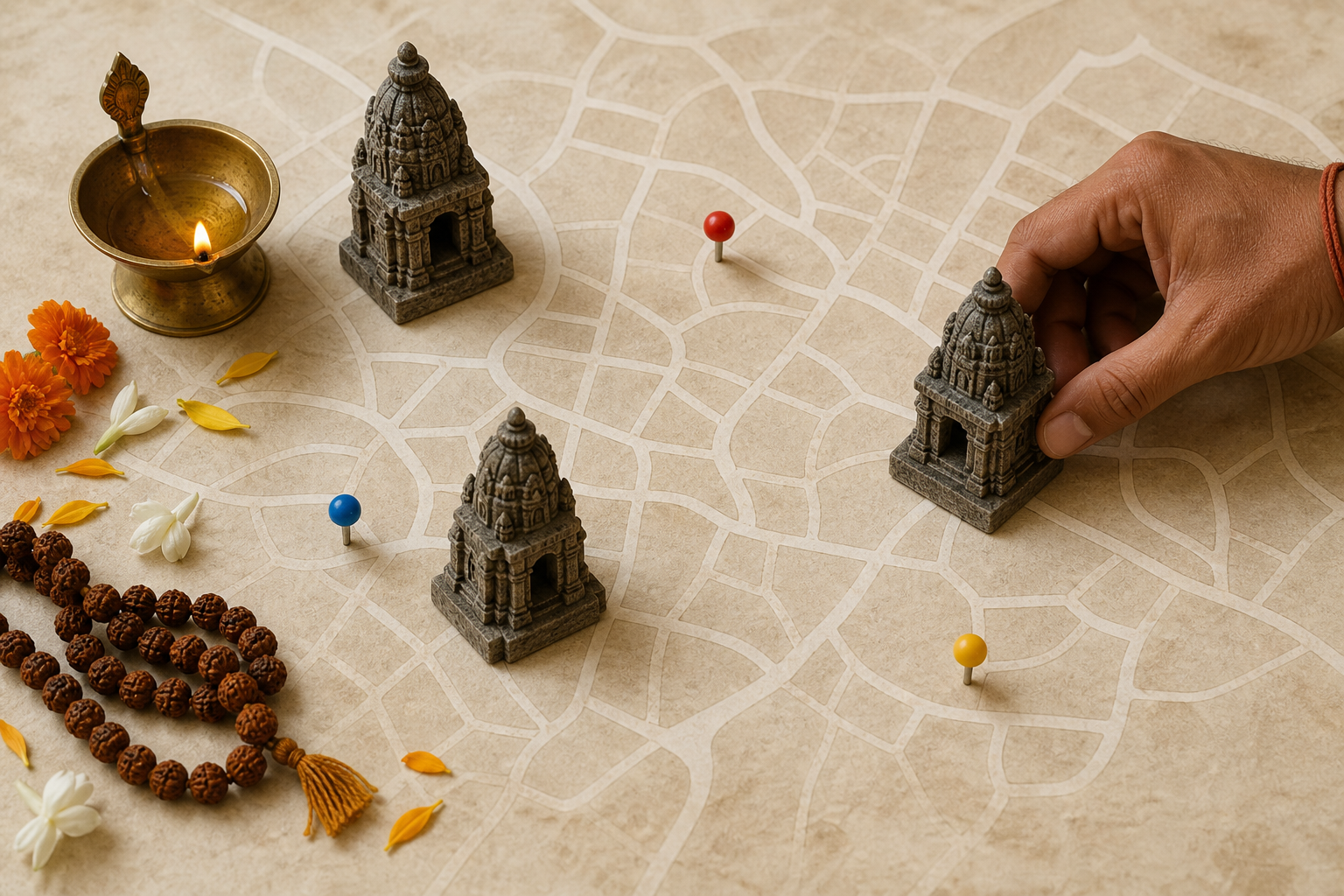 Three miniature temple markers, flowers, prayer beads, and an oil lamp are arranged on an unlabeled abstract street map.