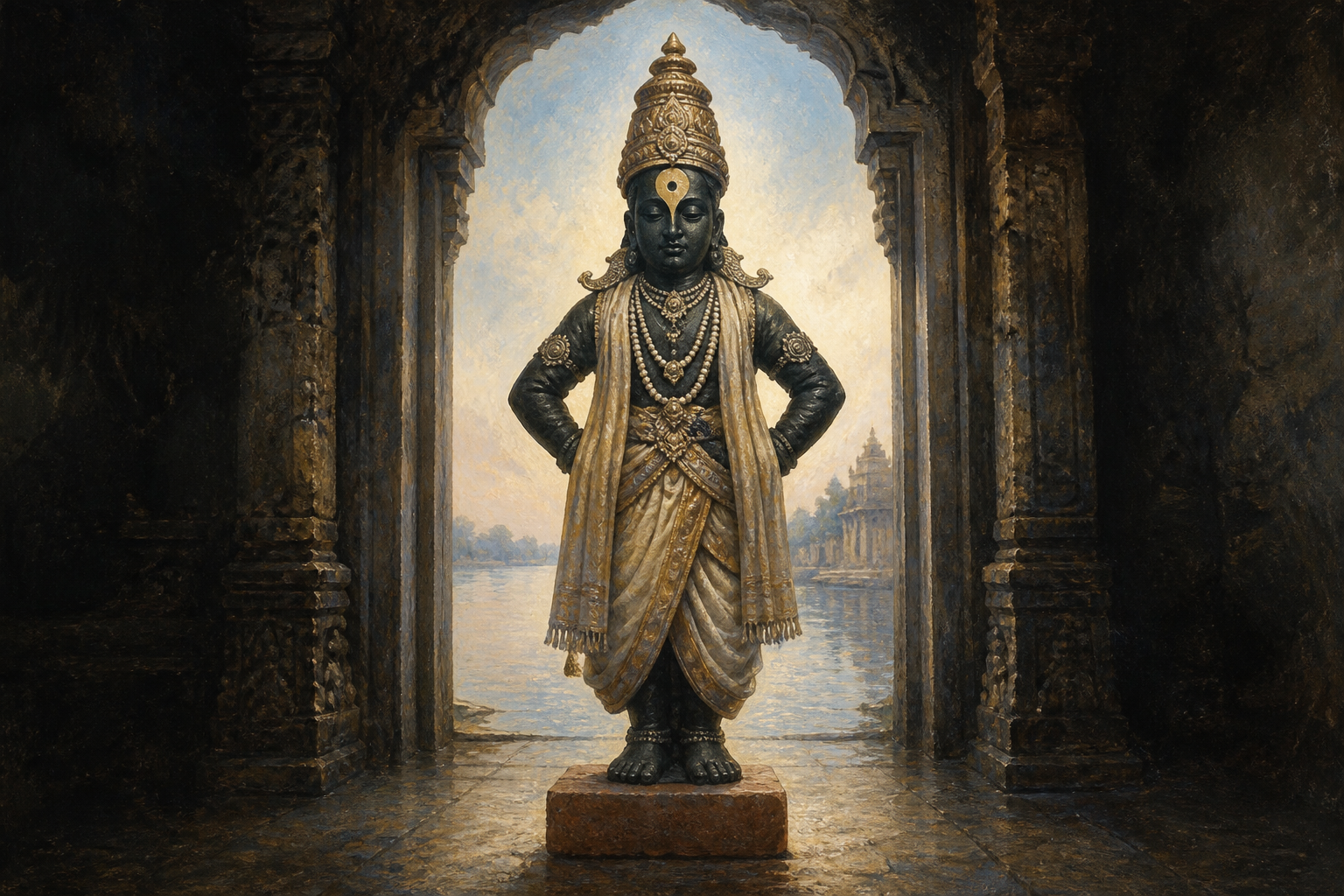 A dark stone figure of Vithoba stands on a brick within a sanctuary, surrounded by soft pearl-colored light.