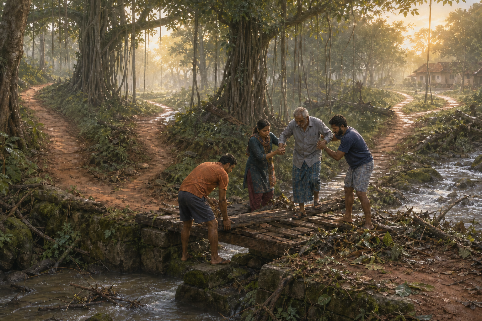 Three people arriving by separate paths work together to repair a damaged footbridge and help an older traveler cross.