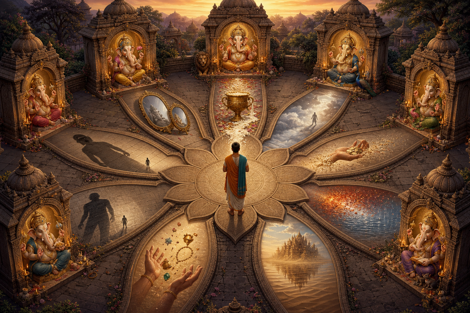 A pilgrim stands in an eight-petaled temple courtyard surrounded by Ganesha shrines and symbolic images of envy, pride, delusion, greed, anger, desire, possessiveness, and ego.