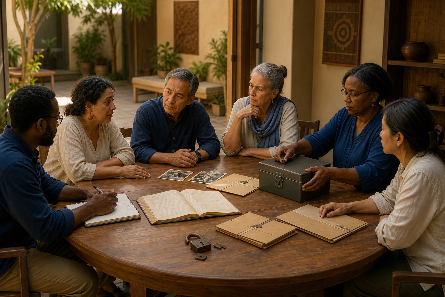 Community members and a civic official examine evidence around a table while listening to a harmed neighbor.